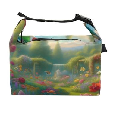 Imagem de TSENQUE Lancheira feminina com beija-flor e gnomo primavera no jardim, lancheira reutilizável, lancheira para trabalho, linda bolsa térmica para trabalho