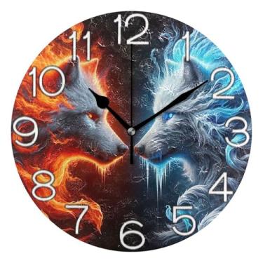 Imagem de GAIGEO Relógio de parede analógico decorativo operado por bateria relógio de escritório cozinha, decoração de parede vintage sala de estar lobos chamas vermelho azul legal, 25 cm, ponteiros pretos