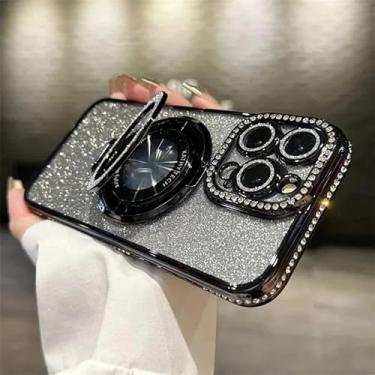 Imagem de Capa compatível com iPhone 15 Pro Max com suporte para mulheres, (capa transparente ou 2 em 1), suporte de anel brilhante fofo, protetor de câmera de strass, [compatível com Magsafe], preto