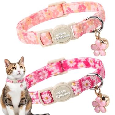 Imagem de Unique style paws Pacote com 2 coleiras para gatinho primavera verão com sino e pingente, coleira de algodão ajustável de segurança rosa margarida gato para meninas, meninos, gatos e animais de