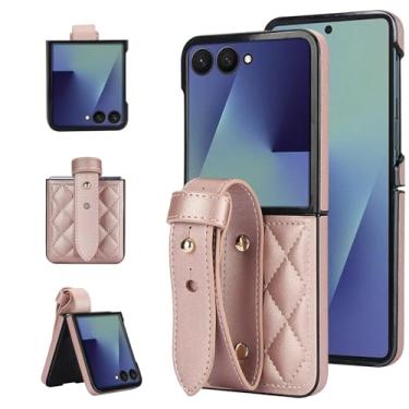 Imagem de Capa de pulso para Motorola Razr 50, capa protetora dobrável de couro PU com alça de pulso ajustável, capa de telefone feminina feminina (ouro rosa)