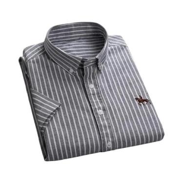 Imagem de Camisa Oxford Masculina De Manga Curta Em Algodão Puro Listrada Sólida