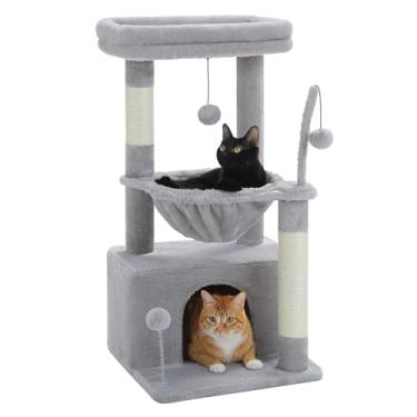 Imagem de PEQULTI Árvore para gatos 4 em 1, torre para gatos de 83 cm para ambientes internos com condomínio grande para gatos, poste arranhador para gatos com rede profunda e poleiro aconchegante, cinza