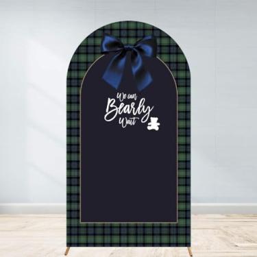 Imagem de Capa de fundo de arco de chá de bebê de urso xadrez tartan 2,2 m verde clássico tema vintage menino festa elastano tecido elástico arqueado cabine de fotos decoração de sinal de boas-vindas