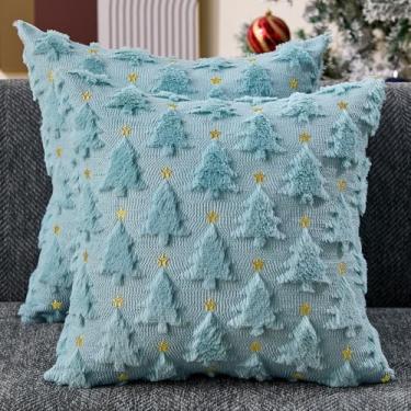 Imagem de Allorry Capas de almofada de Natal 45,7 x 45,7 cm conjunto de 2 capas de almofada de árvore de Natal azuis decorações de pelúcia pele sintética capa de almofada macia para decoração de inverno Natal