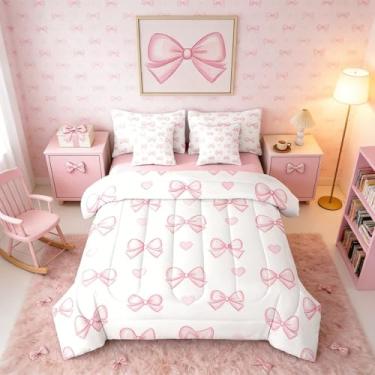 Imagem de Erosebridal Conjunto de edredom solteiro de 7 peças, estampa de coração de gravata borboleta em uma bolsa, conjunto de cama para meninas com nó de laço, edredom, lençóis, fronhas, decoração de quarto