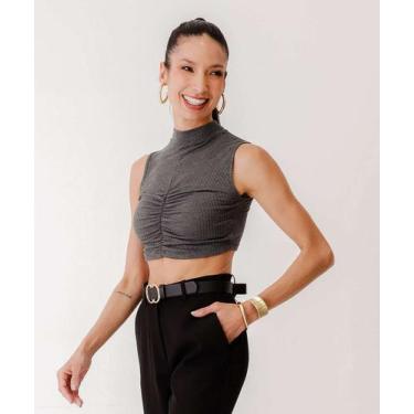 Imagem de Blusa Cropped Feminina Canelada Gola Alta Marisa-87610, Cinza, P