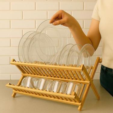 Imagem de Escorredor Pratos Dobrável Bambu Cozinha Louça Rack Organiza Suporte C