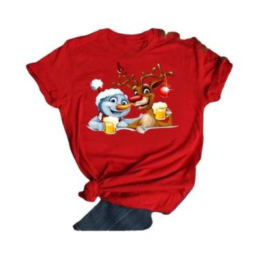 Imagem de Camiseta Feminina De Natal Com Estampa De Rena E Papai Noel, Gola O, E