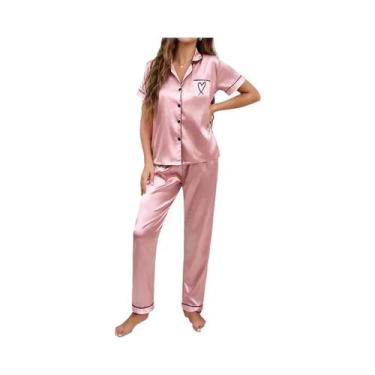 Imagem de Conjuntos De Pijamas De Seda Para Mulheres Com Camisa De Manga Curta E