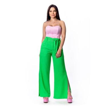 Imagem de Calça Pantalona de Linho Com Lastex  - RESTRITO JEANS, 46, Verde cana