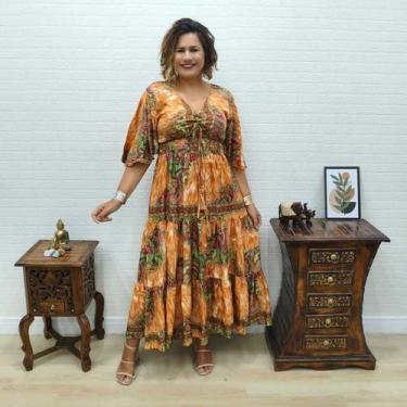 Imagem de Vestido Longo Indiano Manga Flare Amarração Toque de Seda - - Sarat Mo