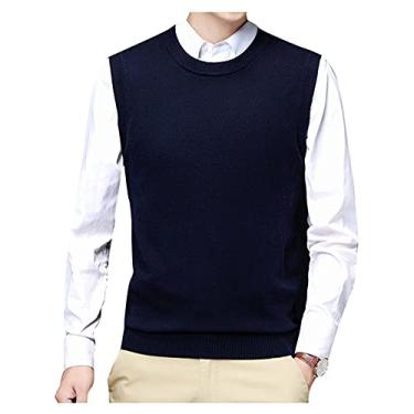 Imagem de Colete masculino tricotado de lã sem mangas com mistura de lã pulôver coletes de golfe para negócios, Azul-escuro, XXG