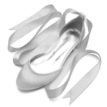 Imagem de Sapatos de casamento para noivas mulheres sapatilhas de cetim sapatilhas com fivela bico redondo sapatos sociais 36-44,Silver,8 UK/41 EU