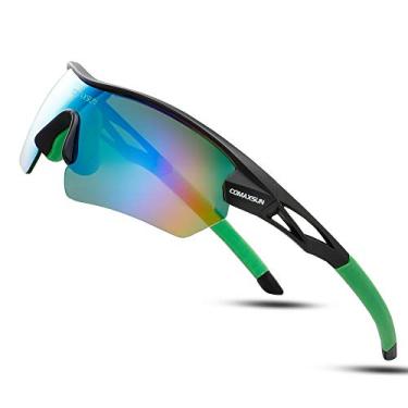 Imagem de Óculos de sol esportivos polarizados da Comaxsun com 5 lentes intercambiáveis para homens e mulheres, ciclismo, corrida, beisebol, Black Green, Medium