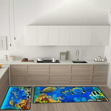 Imagem de Tapetes de cozinha coloridos para peixes, recife de corais, tapetes antiderrapantes para cozinha, conjunto de 2 tapetes, tapete confortável antifadiga para sala de jantar, lavanderia, escritório