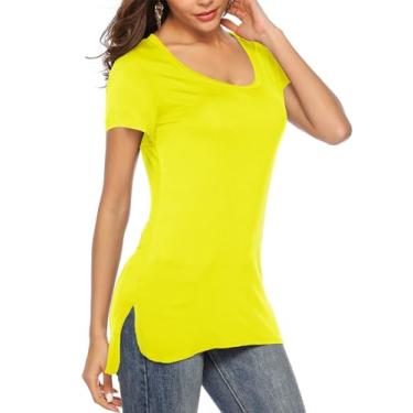 Imagem de Florboom Túnica feminina casual de manga curta/longa, gola redonda, camisetas justas, A - amarelo, XG