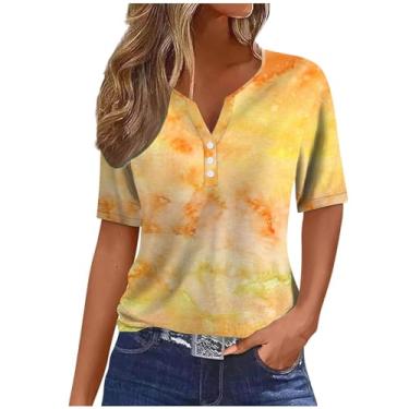 Imagem de Camisetas femininas de manga curta outono verão gola V gradiente ajuste solto tie dye longo camiseta feminina 2024, A-86 multicolorido, G