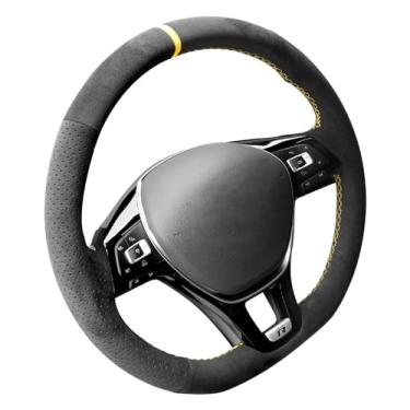 Imagem de Alfanxi Costura à mão Itália Alcantara Capa de volante para Volkswagen Atlas/Golf/Jetta/Passat/e Golf(Alcantara preto com pontos + faixa amarela)