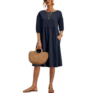 Imagem de Larmliss Vestidos de verão para mulheres 2024 casual confortável algodão gola redonda manga 3/4 túnica praia comprimento até o joelho, Azul-marinho curto, P