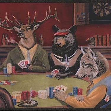 Imagem de CONCORD WALLCOVERINGS ™ Wallpaper Border Vintage Poker Pattern Moose Bear Elk Fox Sheep Playing Game for Dining Area Cottage, Marrom, Verde, Azul, Amarelo, Vermelho, Preto, Tamanho 22,8 cm x 3,5 m