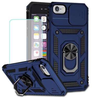 Imagem de Vokuha Capa para iPhone 6, capa para iPhone 6S com protetor de tela de vidro temperado e capa deslizante para câmera, anel giratório de 360°, capa magnética para Apple iPhone 6 azul