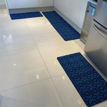 Imagem de Kit Jogo De Cozinha Carpete Geométrico Elegante 3pçs Azul
