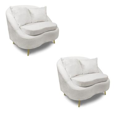 Imagem de Poltrona Decorativa Orgânica Pé Ferro Dou Kit 2 Zaya Bouclê Off Wte C05 - D`rossi