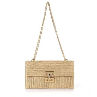 Imagem de Lyoveu S-P1 Bolsa clutch de palha para mulheres, bolsas de praia de verão, boho, carteira envelope com aba sobre corrente, bolsa de ombro transversal para celular e noite., Caqui