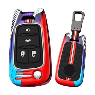 Imagem de HIBEYO Capa dobrável de 4 botões compatível com Buick Encore Apto para Chevy Camaro Equinox Impala Sonic Trax GMC Terrain acessórios de metal pintado com chaveiros - 4 botões vermelhos