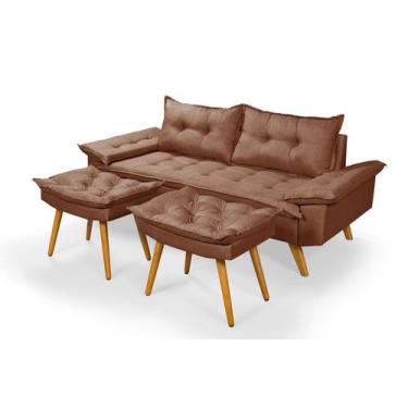 Imagem de Sofá 3 Lugares  Bariloche em Linho Mais Duas Banquetas - Essencial Est