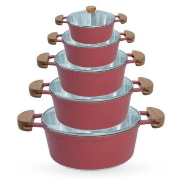 Imagem de Jogo de Panelas 5 Peças De Alumínio Fundido Com Alça De Madeira e Tamp