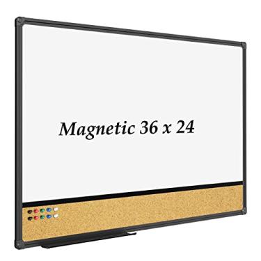 Imagem de JILoffice Combinação de quadro branco e quadro de avisos, quadro branco magnético 91 x 61, quadro branco magnético preto com moldura de alumínio para escritório, casa e escola com 10 pinos de pressão