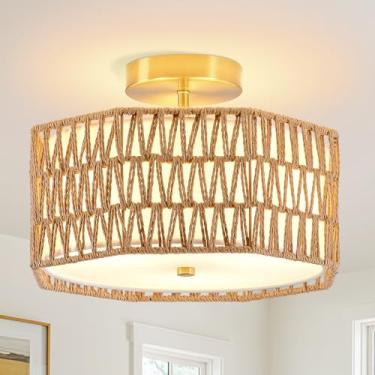 Imagem de SupMaka Luminária De Teto 12,6" Em Rattan Boho Com Cúpula Tecido, Lustre Estilo Fazenda 3 Luzes Para Ilha Cozinha, Quarto, Hall Entrada, Sala Jantar