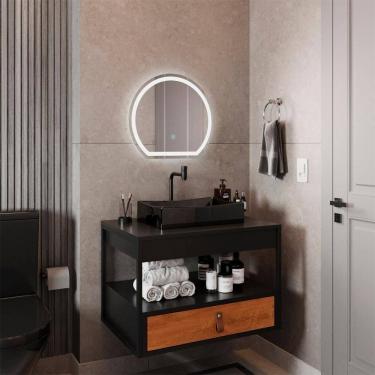 Imagem de Gabinete Harley Com Cuba Torneira Espelho Redondo Led 50cm Preto/Nature
