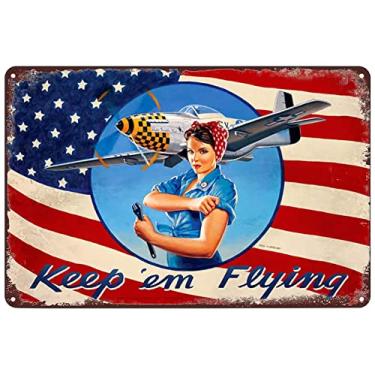 Imagem de SREELEATHERS Placas De Metal Vintage - Pôster Rosie Riveter "Keep Em Flying" Placa Lata Patriótica Da Segunda Guerra Mundial Arte Parede Decoração Para Casa, Bar, Pub, Clube, Café, Garagem, 8X12"