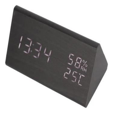 Imagem de Relógio Digital de Mesa LED Madeira Termômetro e Umidade - ACF STORE