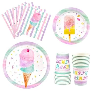 Imagem de WERNNSAI pratos de sorvete guardanapos e copos – sorvete e tema de picolé suprimentos de festa para meninas aniversário descartáveis pratos de sobremesa de mesa guardanapos de almoço para 16 convidados 64 peças