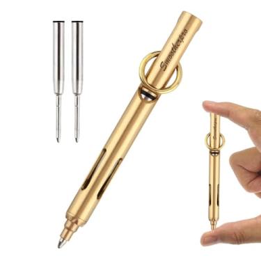 Imagem de SMOOTHERPRO Mini caneta, caneta de bolso EDC de latão com chaveiro, 80 mm de comprimento, pequena para viagens, carteira, inclui 2 cartuchos de recarga - natural