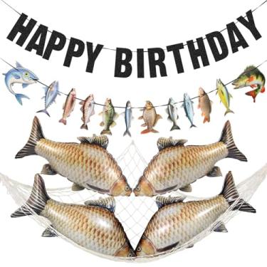 Imagem de Gone Fishing Party Decorations, Banners de festa de aniversário de peixe, balões de folha de peixe, decorações de festa de rede de peixe de algodão