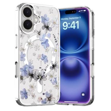 Imagem de Akeivare Capa para iPhone 17 Magsafe, capa protetora fina à prova de choque fofa PC rígido TPU floral bumper feminino capa magnética