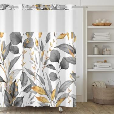 Imagem de Yanutan Cortina de chuveiro sem gancho, cortina de chuveiro de camada única com folhas cinza douradas, sem gancho, cortina de banho de tecido vegetal cinza com malha transparente, 180 x 188 cm