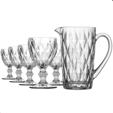 Imagem de Conjunto de Jarra e Taças de Vidro Diamante, 7 Peças, Jarra 1L e 6 Taças 340ml, Design Clássico para Bebidas, Água e Sucos, Transparente