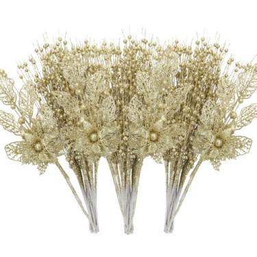 Imagem de ROSELEAF Pacote com 28 enfeites artificiais de caule de baga, enfeites de Natal dourados, galhos de flores, palitos para decoração de árvore de Natal, decoração de presente, vaso pequeno, decoração de