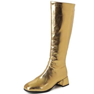 Imagem de Gogo Botas femininas cano alto salto baixo grosso bico quadrado alto outono inverno sapatos longos com zíper, Dourado, 40
