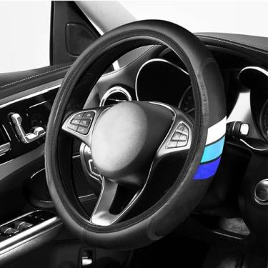 Imagem de YOSRTER Capa de volante para Toyota Tacoma 4Runner Tundra TRD Camry Rav4 Capas de roda de couro antiderrapante para Toyota Acessórios de volante compatíveis 14-15 polegadas (branco/azul/azul escuro)