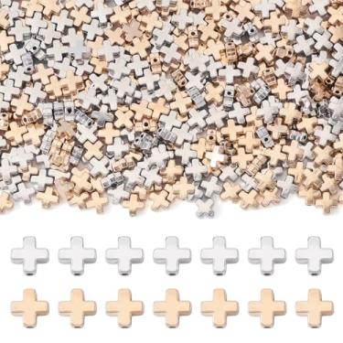 Imagem de Cheriswelry 500 peças de contas cruzadas, crucifixo religioso, espaçador, contas soltas, banhadas a ouro, platina, contas de cruz de plástico 8 x 8 mm para fabricação de joias, pulseira, colar, brinco