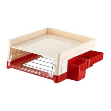 Imagem de oshhni Suporte de mesa para arquivo, separador de papéis, resistente, multifuncional, com gaveta e porta-canetas para escritório comercial, 2 Camadas