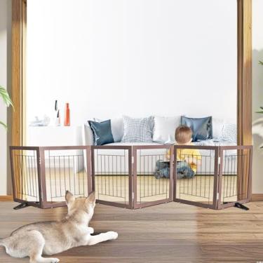 Imagem de ZJSF Portão interno independente para cães, cerca dobrável para portas, corredores ou escadas, portão extra largo de madeira resistente para animais de estimação com pés de apoio, marrom, 61 cm de