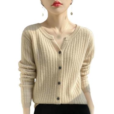 Imagem de Cardigan Pequeno Cardigan De Tricô Com Decote V Para Mulheres, Mangas Curtas Longas, Slim Fit, Acabamento De Roupas Externas, Beige, M